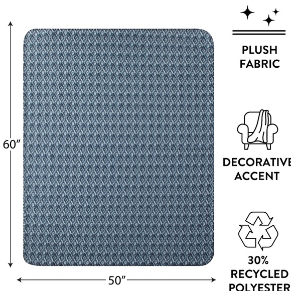 NWT Big Fleece Throw in blue and white diamond pattern 50 in X 60 in - Picture 4 of 4